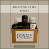 Donation box filled with branded coffee mugs and tumblers labeled “Company,” “Brand,” and “I ❤️ My Logo,” with the phrase “Regifting at Its Finest” above and “Donate” sign on the box, visually contrasting corporate swag with meaningful gifting.