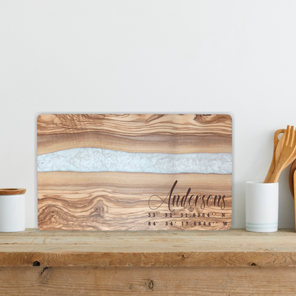 Olive Wood Serving Board with White Pearl Resin Inlay