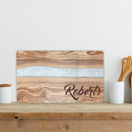 Olive Wood Serving Board with White Pearl Resin Inlay