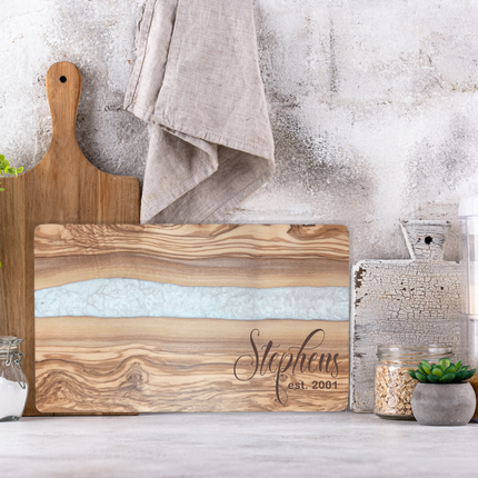 Olive Wood Serving Board with White Pearl Resin Inlay