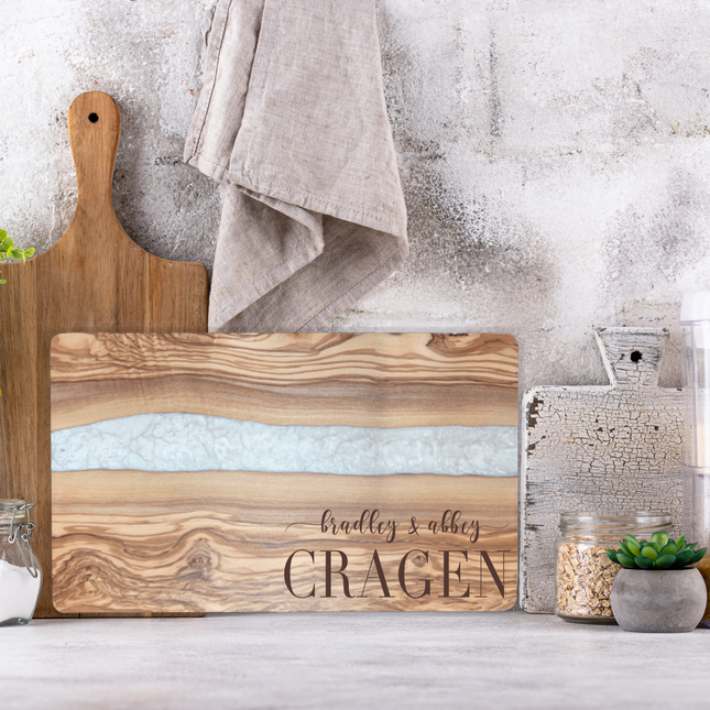 Olive Wood Serving Board with White Pearl Resin Inlay