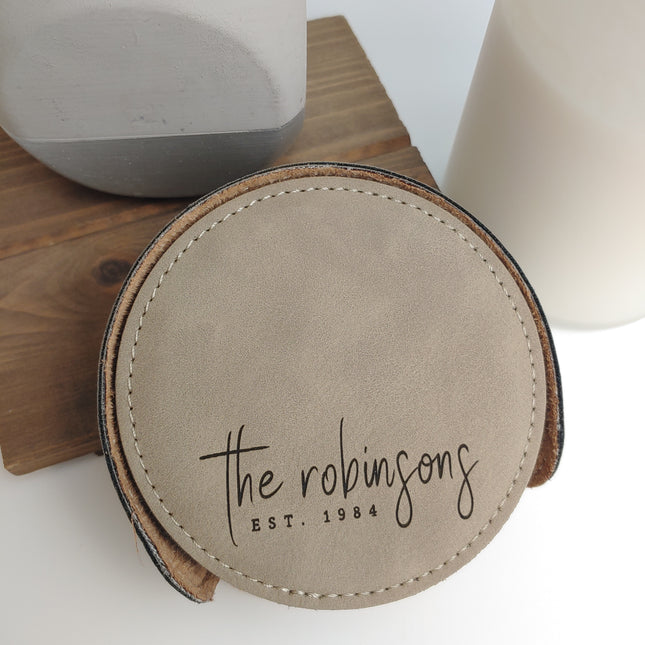 Personalized Vegan Leather Round Coaster Set