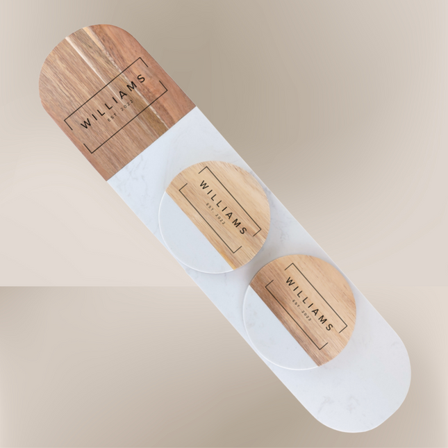 Personalized Acacia Marble Cheese Board and Coaster Set