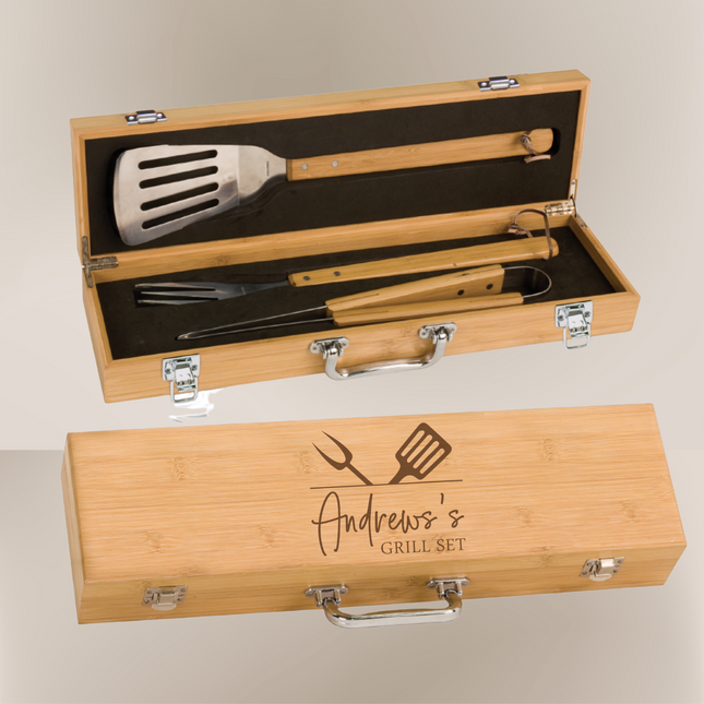 Custom Engraved Bamboo BBQ Tool Set with Case