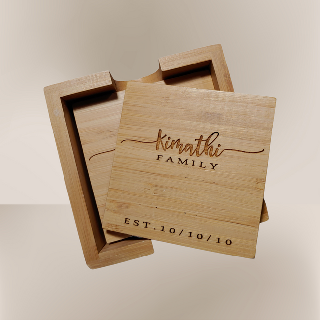 Personalized Bamboo Coaster Set with Holder - Square