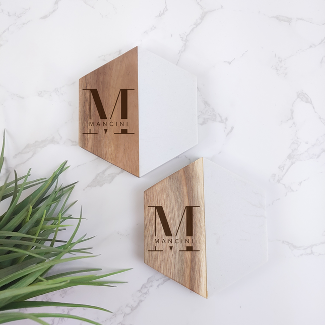 Personalized Marble & Wood Coaster Set