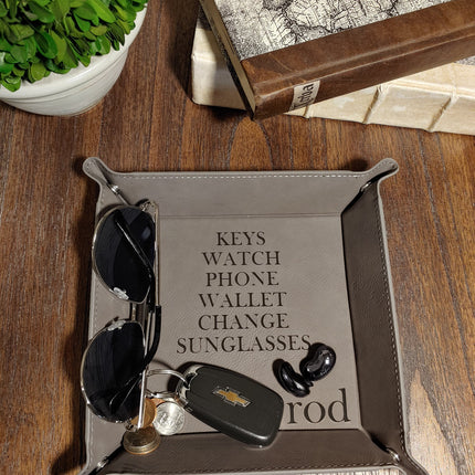Personalized Leather Mens Valet Tray, Custom Initials Name Catch All Tray, Engraved EDC Tray, Coin Storage Tray, Dad Gift, Father’s Day Gift