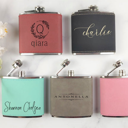 Personalized Women Flasks, Custom Name Leather Engraved Flask, Wedding Bridesmaid Flask, Bachelorette Party Favors, Bridesmaid Proposal Gift