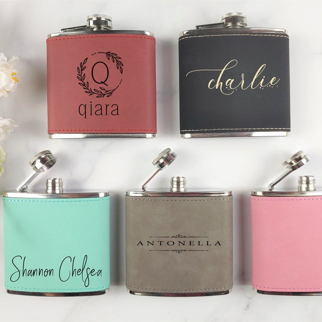 Personalized Women Flasks, Custom Name Leather Engraved Flask, Wedding Bridesmaid Flask, Bachelorette Party Favors, Bridesmaid Proposal Gift