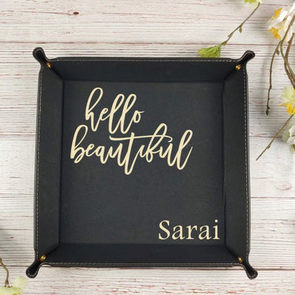 entryway table decor, black tray, hello beautiful, gifts under 30
