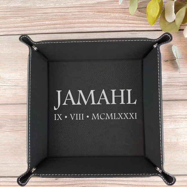 Personalized Leather Mens Valet Tray, Custom Initials Name Catch All Tray, Engraved EDC Tray, Coin Storage Tray, Dad Gift, Father’s Day Gift