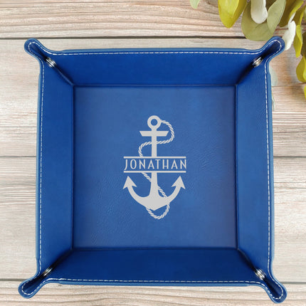 Personalized Leather Mens Valet Tray, Custom Initials Name Catch All Tray, Engraved EDC Tray, Coin Storage Tray, Dad Gift, Father’s Day Gift