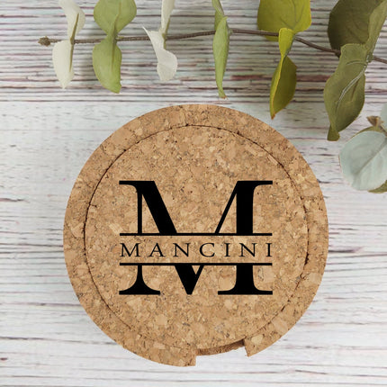 Personalized Cork Coaster Set of 4, Custom Name Drink Coasters with Holder, Monogram Initials Coaster, Wedding Favors, Housewarming Gifts