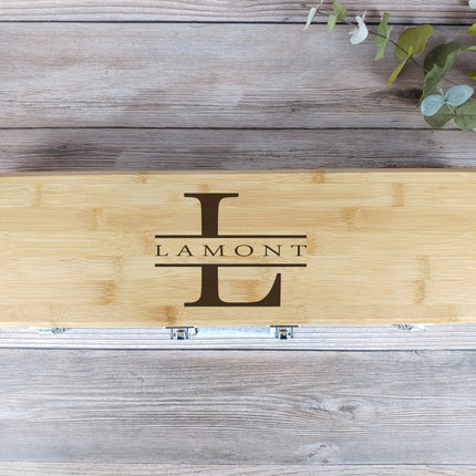 Custom Engraved BBQ Set, Personalized Bamboo Barbeque Grill Tool Box Set, Tongs Fork Spatula 3Pc Set, Grill Master, Grill Accessories