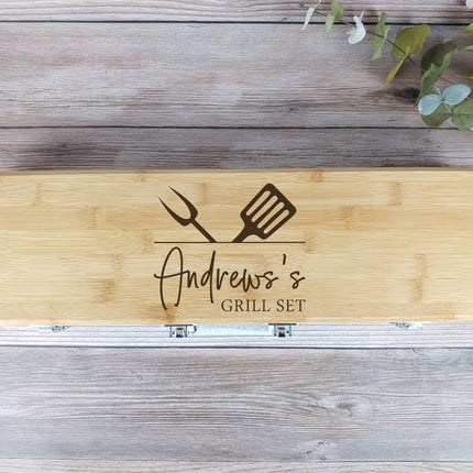 Custom Engraved BBQ Set, Personalized Bamboo Barbeque Grill Tool Box Set, Tongs Fork Spatula 3Pc Set, Grill Master, Grill Accessories