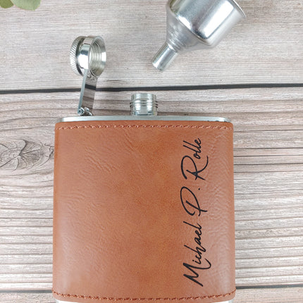 Vegan Leather Personalized Mens Flasks, Custom Name Engraved Flask, Monogrammed Hip Groomsmen Flask, Groomsmen Gifts, Best Man Gifts