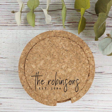 Personalized Cork Coaster Set of 4, Custom Name Drink Coasters with Holder, Monogram Initials Coaster, Wedding Favors, Housewarming Gifts