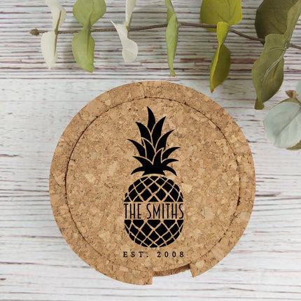 Personalized Cork Coaster Set of 4, Custom Name Drink Coasters with Holder, Monogram Initials Coaster, Wedding Favors, Housewarming Gifts