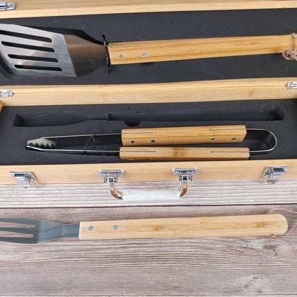 Custom Engraved BBQ Set, Personalized Bamboo Barbeque Grill Tool Box Set, Tongs Fork Spatula 3Pc Set, Grill Master, Grill Accessories