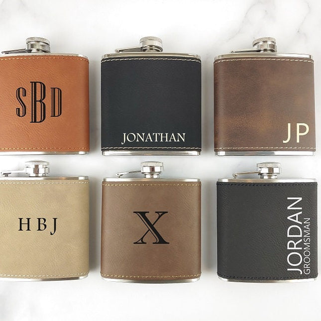 Vegan Leather Personalized Mens Flasks, Custom Name Engraved Flask, Monogrammed Hip Groomsmen Flask, Groomsmen Gifts, Best Man Gifts