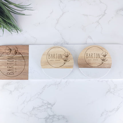 Personalized Acacia Marble Cheese Board and Coaster Set, Decorative Serving Tray, Marble Cutting Board, Custom Charcuterie Serving Board
