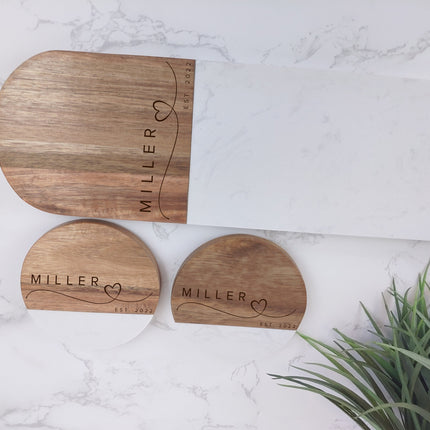 Personalized Acacia Marble Cheese Board and Coaster Set, Decorative Serving Tray, Marble Cutting Board, Custom Charcuterie Serving Board