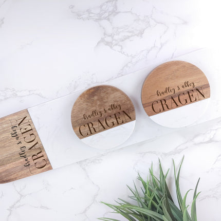 Personalized Acacia Marble Cheese Board and Coaster Set, Decorative Serving Tray, Marble Cutting Board, Custom Charcuterie Serving Board