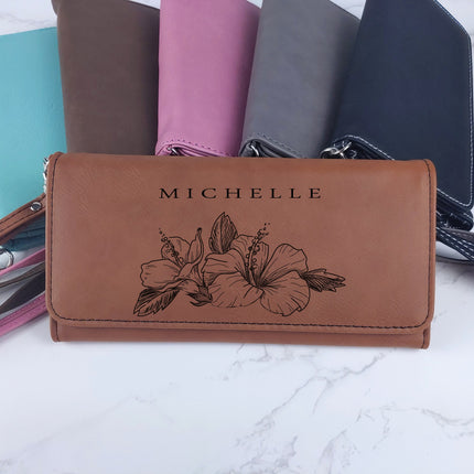Personalized Leather Wallet for Women, Custom Name Floral RFID Wallet, Credit Card Holder, Zipper Compartment, 12 Cards Slots, Mom Gifts