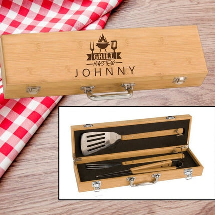 Custom Engraved BBQ Set, Personalized Bamboo Barbeque Grill Tool Box Set, Tongs Fork Spatula 3Pc Set, Grill Master, Grill Accessories
