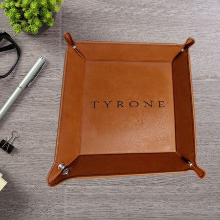 Personalized Leather Mens Valet Tray, Custom Initials Name Catch All Tray, Engraved EDC Tray, Coin Storage Tray, Dad Gift, Father’s Day Gift