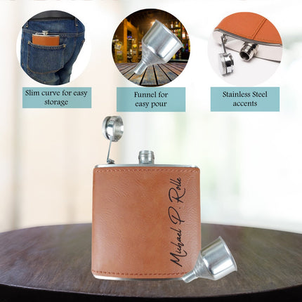 Vegan Leather Personalized Mens Flasks, Custom Name Engraved Flask, Monogrammed Hip Groomsmen Flask, Groomsmen Gifts, Best Man Gifts