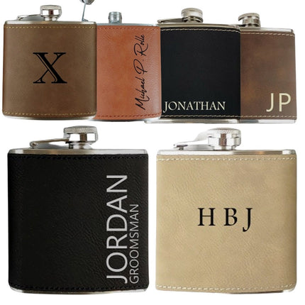 Vegan Leather Personalized Mens Flasks, Custom Name Engraved Flask, Monogrammed Hip Groomsmen Flask, Groomsmen Gifts, Best Man Gifts