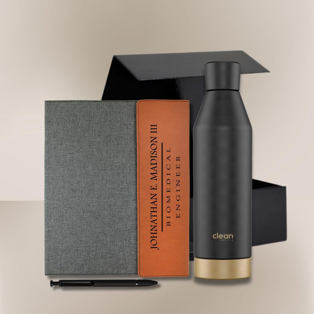 Personalized Leather Portfolio & Stainless Steel Water Bottle - Thoughtful Business Gift