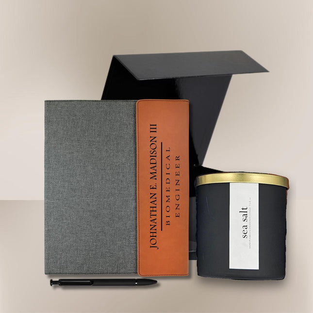 Personalized Corporate Gifts, Leather Engraved Portfolio Padfolio Notebook with Pen, Luxury Sea Salt Scented Soy Candle, Professional Gifts