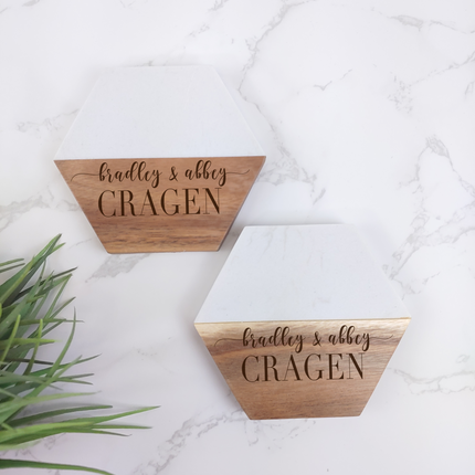 Personalized Marble & Wood Coaster Set
