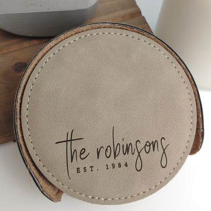 Personalized Vegan Leather Round Coaster Set