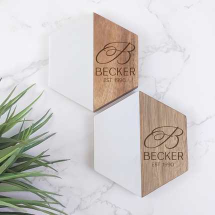 Personalized Marble & Wood Coaster Set